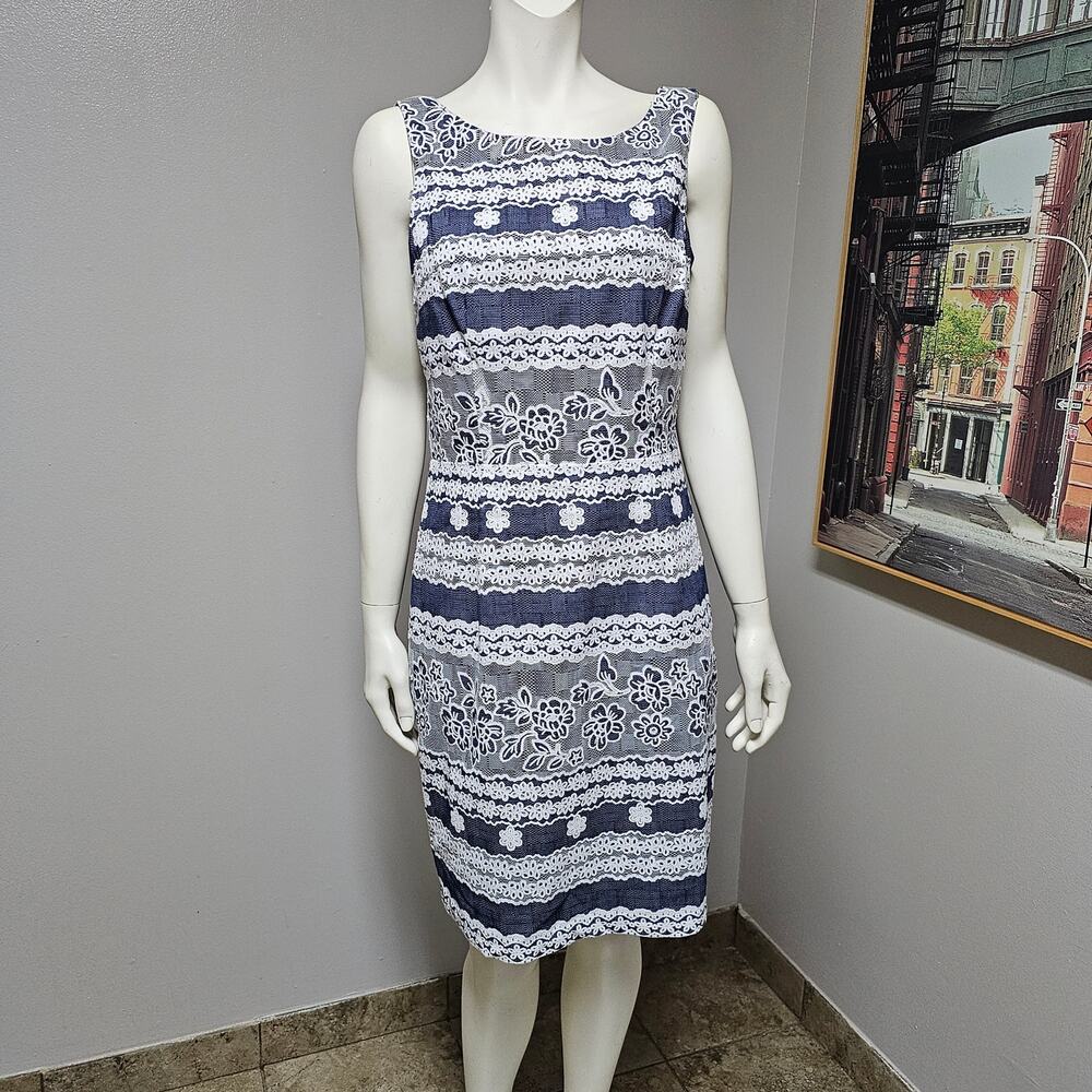 Muse Blue/White Floral Striped Sleeveless Sheath Dress Size 8
